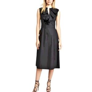 Shoshanna Midi Dress 10 Black Ruffles Split Neck Holiday Date Night Feminine